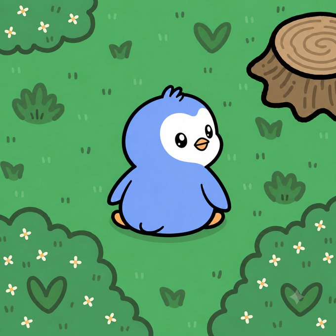 A cartoon illustration of a small blue and white penguin sitting in a grassy field with a tree stump and flowers nearby.