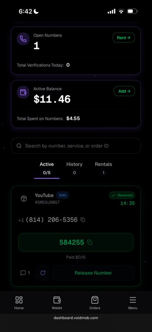 A dark-themed mobile app screen shows 'Open Numbers 1', 'Active Balance $11.46', and a YouTube SMS entry displaying phone number '+1 (814) 206-5356' with a verification code '584255' for $0.15.