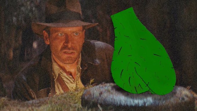 A scene featuring Harrison Ford as Indiana Jones in a brown fedora, with a large crudely drawn green pear-like shape digitally overlaid on the right side.
