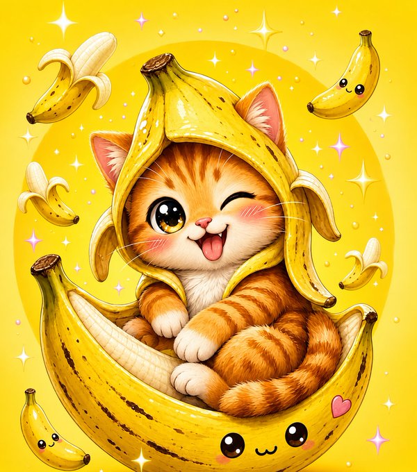 A cute kawaii-style illustration of a smiling orange tabby cat wearing a banana peel as a hat, sitting in a banana peel with kawaii banana characters around it.