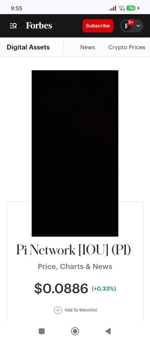 A Forbes Digital Assets mobile page showing Pi Network [IOU] (PI) priced at $0.0886 (+0.33%).