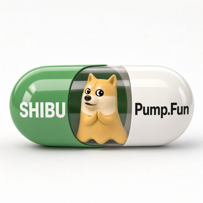 A 3D render of a Shiba Inu dog inside a green and white pill capsule labeled 'SHIBU' on the green side and 'Pump.Fun' on the white side.