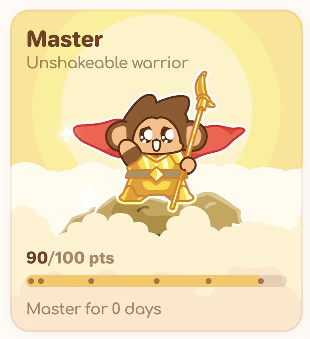 The image features a cartoon character, possibly a monkey or a boy, wearing a red cape with gold stars and holding a sword. The character appears to be shaking hands with a person depicted as a bird. The background of the image shows clouds against a yellow sky. In the bottom right corner of the image, there is text that reads "Master Unshakable warrior".