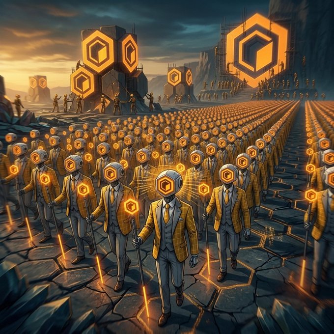 An artistic illustration of an army of humanoid figures with hexagonal glowing heads in suits, gathered in a large formation.