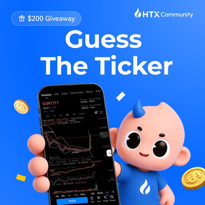 A vibrant blue HTX Community promotional graphic features a "$200 Giveaway" badge and "Guess The Ticker" headline alongside a cartoon mascot holding a smartphone displaying the HTX trading app with market charts and a candle price of 0.091711, visually reinforcing the meme-themed crypto ticker guessing contest.