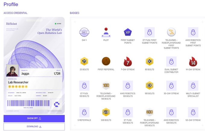 A profile page for 'Jagga' at BitRobot displays an access credential titled 'The World's Open Robotics Lab' with 'Lab Researcher' status and L728 level, alongside a grid of badges including Day 1, Pilot, First Subnet Points, 25 Bolts, 7-Day Streak, and 60 Bolts.