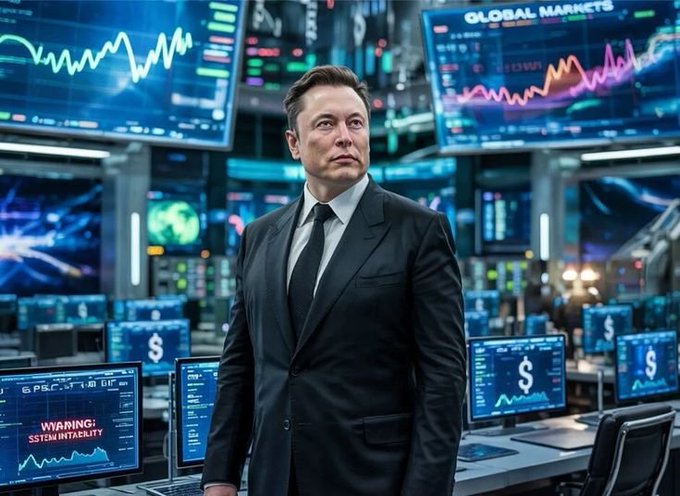 An AI-generated image of a man resembling Elon Musk wearing a black suit, standing in what appears to be a trading floor or control room. The background features multiple screens showing 'GLOBAL MARKETS', financial charts, dollar signs, and a monitor reading 'WYARING: SISTEM INTASILITY'.