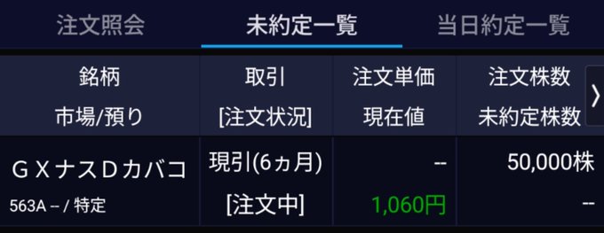A Japanese stock trading screen displays an unconfirmed order list (未約定一覧) for "GXナスDカバコ" (GX Nasdaq D Covaco, ticker 563A), showing a 6-month spot buy order (現引(6カ月)) at 1,060 yen for 50,000 shares in "注文中" (order pending) status. This matches the post's caption about completing a Monday morning spot buying order, with the screen confirming the transaction details despite the poster's frustrated emoticon expression.