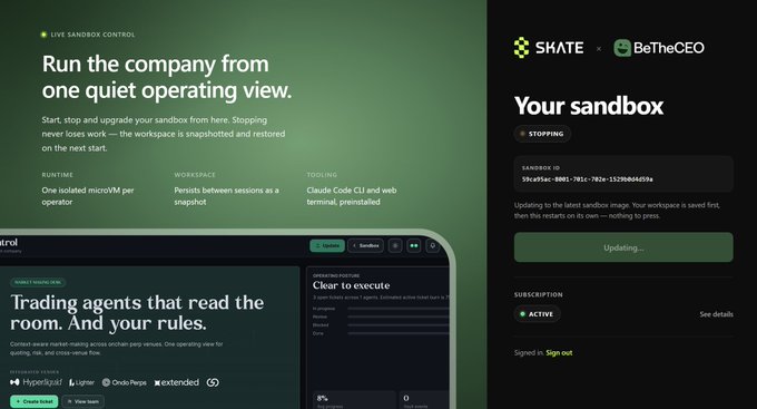 A sleek dashboard for the SKATE x BeTheCEO live sandbox launch, showing "Your sandbox" in "Stopping" status (Sandbox ID: 59e85c0e-0001-7012-703e-1520b0d6590e) updating after a session, alongside a "Trading agents that read the room. And your rules" interface that powers the agentic trading product running on multiple AI models.