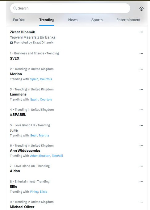 A screenshot of a Twitter/X trending list on mobile, showing top trending topics in the United Kingdom and Love Island UK, including 'Merino', 'Lammens', '#SPABEL', 'Julia', 'Ann Widdecombe', and 'Ellie'.