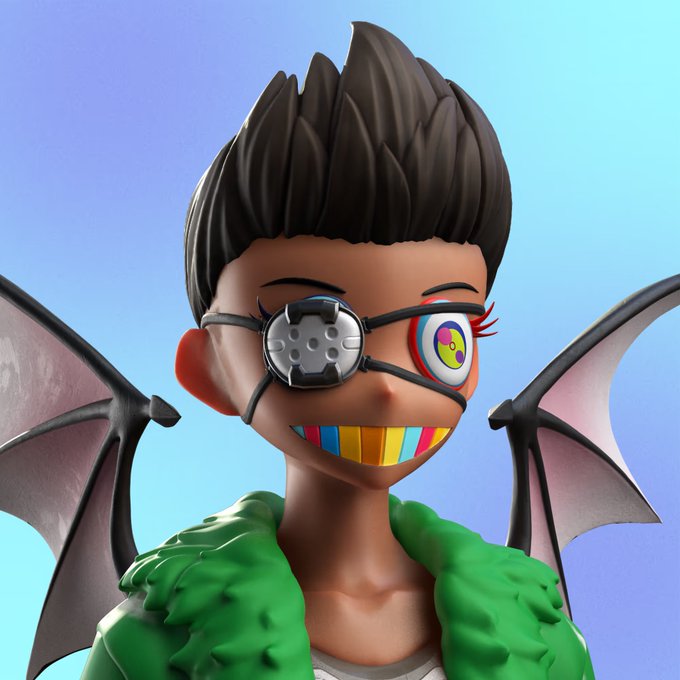 A 3D-rendered character with spiky black hair, eclectic glasses including a metallic grate, and bat-like wings, wearing a green outfit.