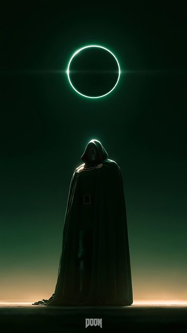 A dark, cinematic image featuring a hooded figure in a cloak standing under a glowing green ring (eclipse-like symbol) in a dark environment, with the text 'DOOM' at the bottom.