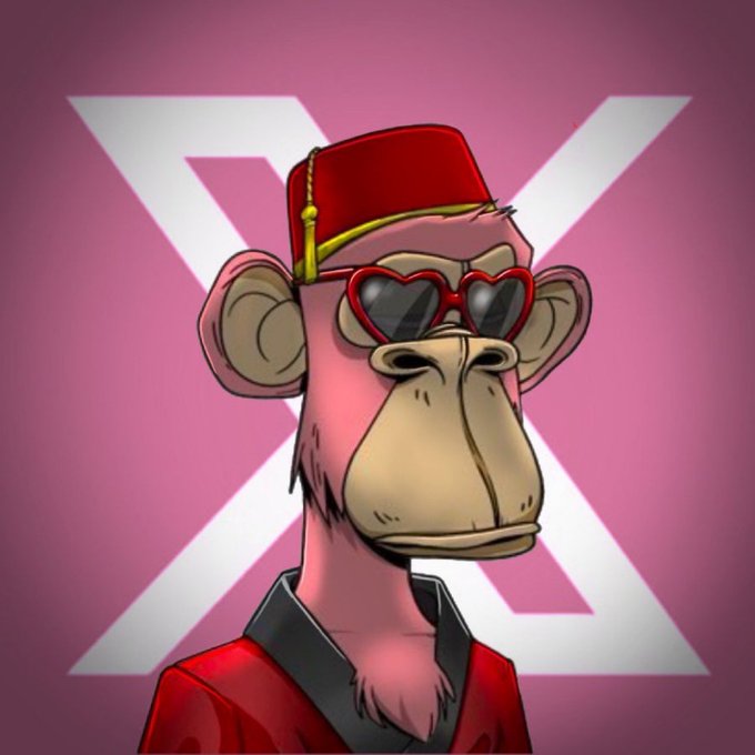 A cartoon monkey wearing a red fez hat and heart-shaped sunglasses is set against a pink background featuring a large white "X." The image relates to the post's "GM" (Good Morning) message, likely symbolizing a popular X (formerly Twitter) NFT profile picture project known as "XCOPY" or a similar collection, while the monkey's playful, stylish appearance reflects the cheerful greeting.