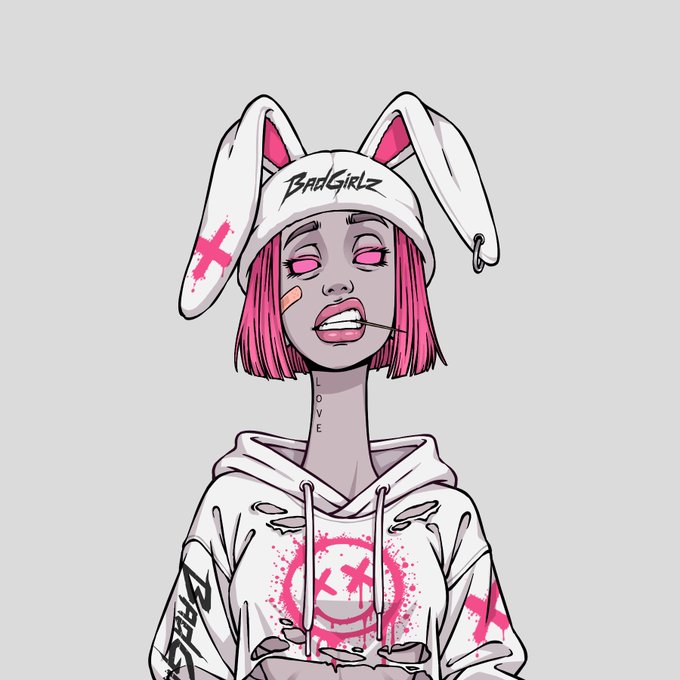 An anime-style illustration of a girl with pink hair wearing a white beanie with rabbit ears labeled 'Bad Girlz', a distressed white hoodie with pink graphics, and a bandage on her cheek.