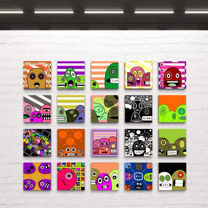 The image shows a gallery wall displaying a 4x5 grid of twenty colorful, whimsical digital artworks featuring cartoonish creatures with large eyes and toothy grins set against vibrant striped backgrounds and bold patterns. The post suggests the artist plans to upload this NFT collection to the objkt marketplace, indicating these are likely generative or digital art pieces intended for blockchain-based sale.
