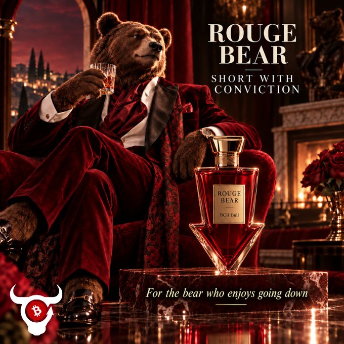 Advertisement for 'ROUGE BEAR' perfume with the tagline 'SHORT WITH CONVICTION,' featuring a bear in a red velvet suit drinking whiskey, alongside the joke 'For the bear who enjoys going down,' with a BTC Bulls watermark.