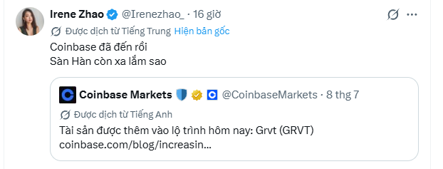 The image shows a tweet from Irene Zhao (@Irenezhao_) replying to Coinbase Markets (@CoinbaseMarkets), quoting their announcement about listing GRVT (GRVT) on Coinbase. Her Vietnamese comment translates to "Coinbase has arrived. What else can Han do?" — reflecting excitement about GRVT being listed on Coinbase, supporting the post's discussion about whether GRVT's TGE on 07/21 will be a successful perp dex launch.