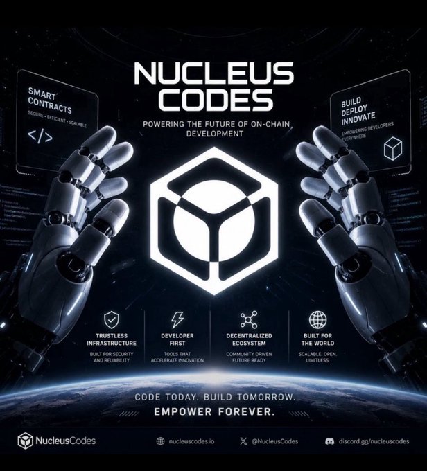 A promotional poster for 'Nucleus Codes' with the tagline 'Powering the future of on-chain development,' featuring two robotic hands framing a hexagonal logo, and listing features like Smart Contracts, Trustless Infrastructure, Developer First, Decentralized Ecosystem, and Built for the World.