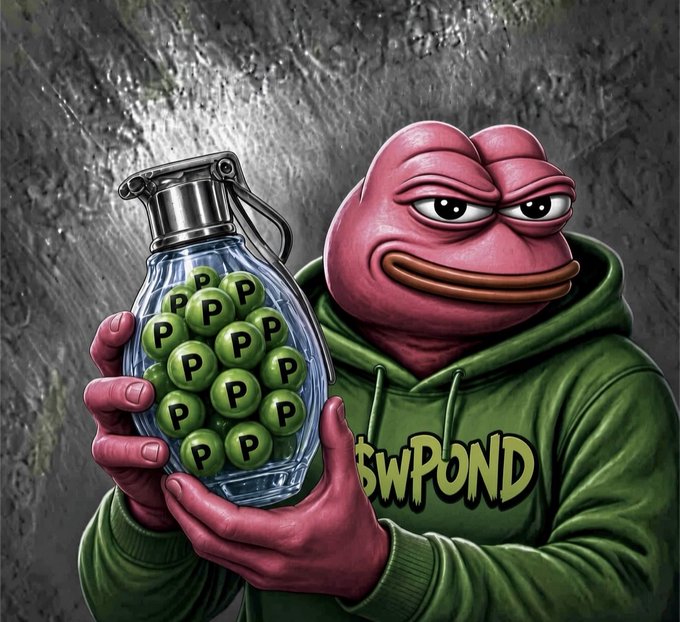 A smug Pepe the Frog wearing a green hoodie emblazoned with "SwPond" holds up a grenade filled with green pellets marked "P," symbolizing the explosive potential of $wPOND as teased in the caption "$wPOND is going to explode."