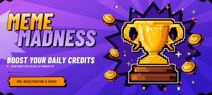 A vibrant purple promotional banner titled "MEME MADNESS" advertises a pre-registration campaign with the tagline "BOOST YOUR DAILY CREDITS," featuring a pixelated gold trophy and scattered coins—visually reinforcing the $100,000 prize tournament being promoted on Cade Market.