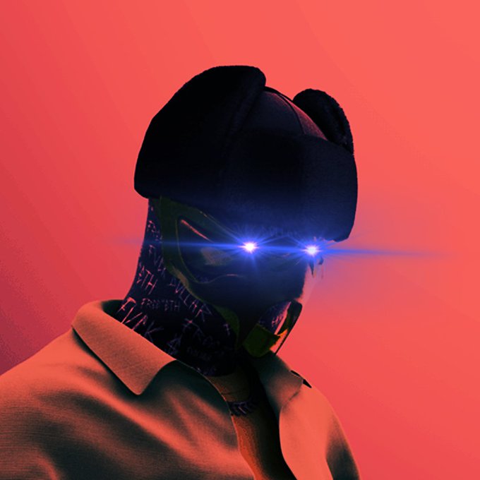 A person wearing a fuzzy black bear-style hat and a jacket with a face covering featuring glowing blue lights over the eyes, set against a red-orange background.