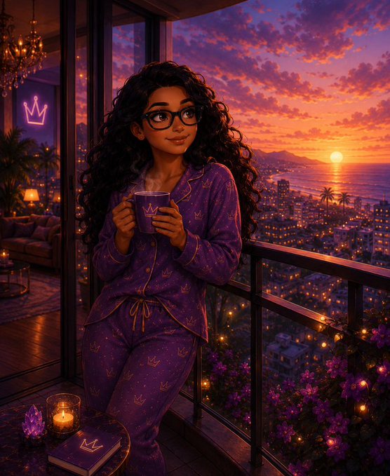 A young woman in purple crown-patterned pajamas holds a steaming mug on a balcony overlooking a glowing coastal city at sunrise, with a purple journal and candle beside her. The sunrise and contemplative moment visually echo the post's "GM" (good morning) message, while the crown motifs tie into Nomisma Network's brand identity as a symbol of its building and leadership in the financial ecosystem.
