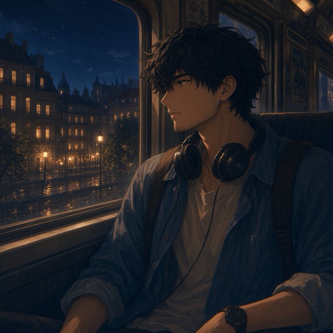 An anime-style illustration of a young man with dark tousled hair sitting on a train at night, wearing a denim shirt over a white tee with headphones around his neck, looking out the window at illuminated city buildings.