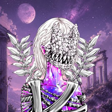 A dark fantasy illustration of a white-haired figure with a flower-covered face, surrounded by leaves against a purple night sky with a moon and Greek-style columns.