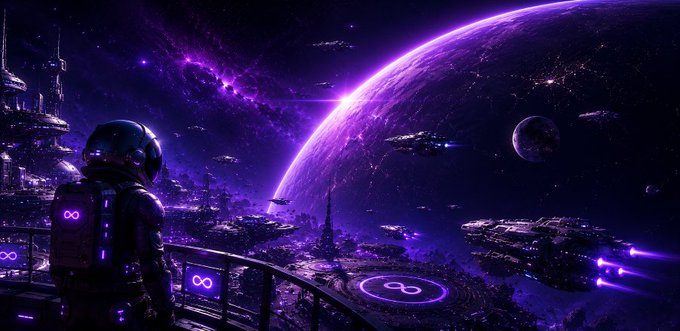 An astronaut in futuristic gear overlooks a sprawling spaceport with purple-lit ships, planets, and infinity symbols, evoking a sense of boundless exploration that mirrors the launch of The Swop's Public Alpha on the ICP blockchain.