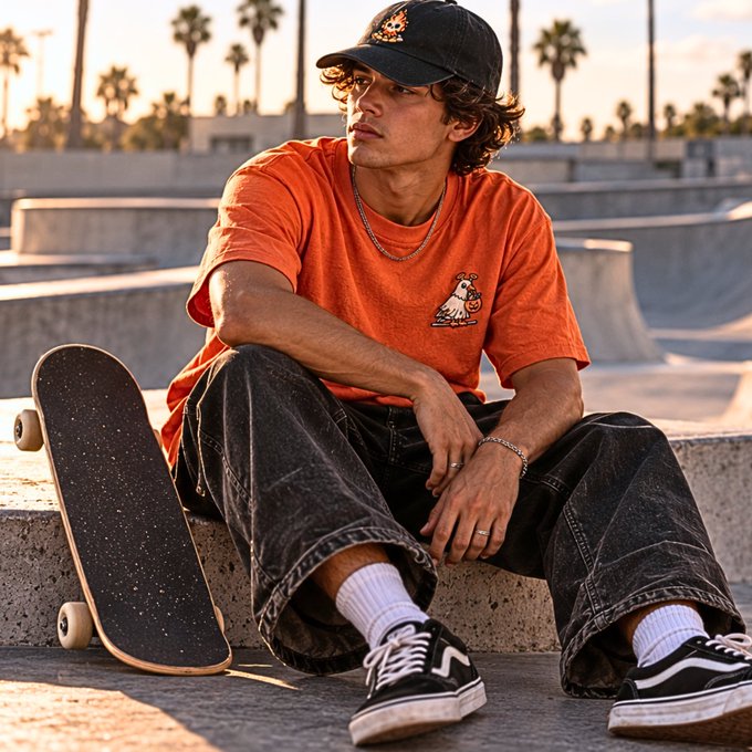 A young man sits at a skatepark at golden hour, wearing an orange graphic t-shirt, dark jeans, black and white Vans sneakers, a black cap, and a chain necklace, with his skateboard propped beside him and palm trees in the background.