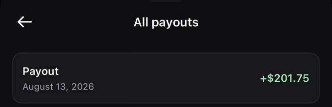 A dark-themed "All payouts" screen displays a single payout entry of +$201.75 dated August 13, 2026, supporting the post's claim of earning around $200 from "pinging" a 8x on the Pump app.