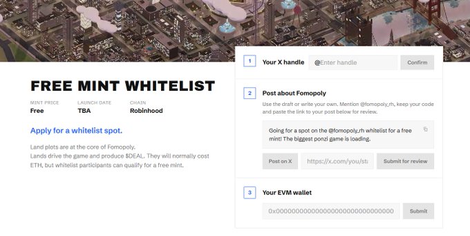 A webpage for a “FREE MINT WHITELIST” for “Fomopoly” shows fields for an X handle, a post about @fomopoly_eth, and an EVM wallet; visible labels include “Mint Price Free,” “Launch Date TBA,” “Chain Robinhood,” and “Apply for a whitelist spot.”