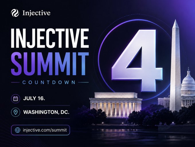 A promotional banner for the Injective Summit 4 Countdown event on July 16 in Washington, DC, featuring the Lincoln Memorial and Washington Monument.
