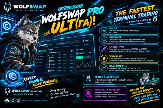 A promotional graphic for 'WOLFSWAP', advertising 'Introducing WOLFSWAP PRO ULT(ra)!' and claiming to be 'THE FASTEST TERMINAL TRADING' platform 'ON CRONOS NETWORK', featuring a wolf mascot and a trading interface screenshot.