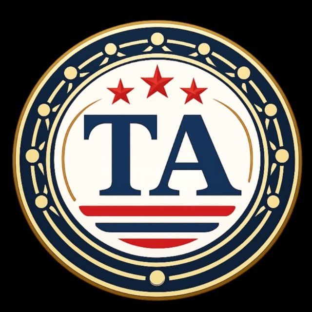 An official seal-style logo features the letters "TA" in dark blue with three red stars above and red stripes below, encircled by a decorative golden ring on a black background.