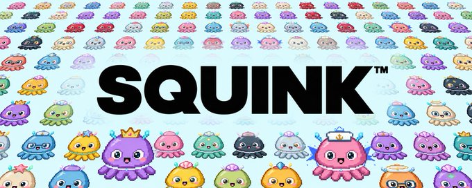 A colorful graphic featuring the word 'SQUINK' in large black letters over a pattern of cute, multicolored cartoon octopus characters.