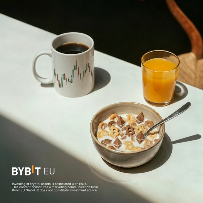 A breakfast scene shows a white mug printed with a candlestick chart filled with black coffee, a glass of orange juice, and a bowl of cereal with milk where the chocolate pieces spell "CHREI" (or similar), accompanied by a spoon. The image is branded "BYBIT EU" with a disclaimer noting that investing in crypto-assets carries risks and that the content is marketing communication from Bybit EU GmbH, not investment advice—visually linking the traditional morning routine of coffee and trading charts to the post's theme that crypto markets operate 365 days a year while traditional finance rests on weekends.