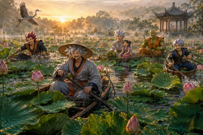 An anime-style fantasy scene depicting several characters with silver and red hair navigating small boats through a serene lotus pond at sunset, with a crane flying overhead.