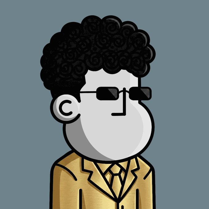 A cartoon avatar of a man with curly black afro hair, rectangular sunglasses, a round face, and a gold suit with tie against a gray background.