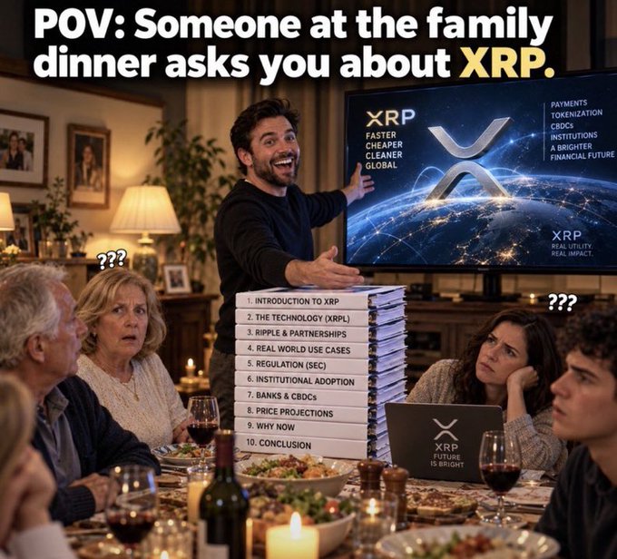 A meme captioned 'POV: Someone at the family dinner asks you about XRP.', showing an enthusiastic man presenting a large stack of documents titled 'INTRODUCTION TO XRP' and a TV displaying 'XRP FASTER CHEAPER CLEANER GLOBAL' to confused family members.