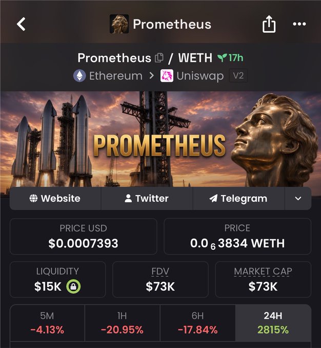 A screenshot from a crypto tracking app shows the token "Prometheus" priced at $0.0007393, with a market cap and FDV of $73K, and showing significant price changes including a 2815% increase over 24 hours.