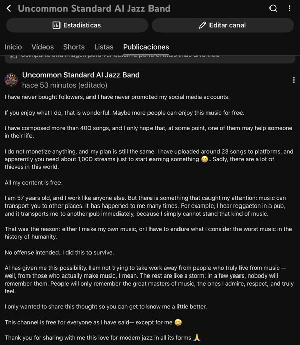 A YouTube community post by 'Uncommon Standard AI Jazz Band' explaining the creator's background, AI-generated music philosophy, and that all content is free, posted in Spanish with English channel name.