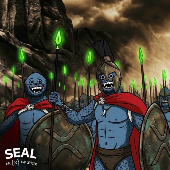 An illustration of blue-skinned warriors in Spartan-like armor with red capes, holding spears with green glowing tips and shields, with a logo reading 'SEAL ON XRP LEDGER' in the bottom left corner.