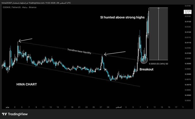 A 4-hour Binance candlestick chart for the COOKIE/USDT trading pair shows a breakout above a descending trendline channel, with annotations highlighting "Trendline base liquidity," a 53.34% breakout gain to 0.0050, and an "SI hunted above strong highs" marking a potential continuation target near 0.0140.