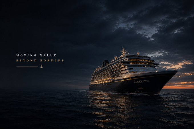 A large cruise ship sailing on dark waters at dusk, with text 'MOVING VALUE BEYOND BORDERS' and the ship's name 'ETHRASHIP' visible on its hull.