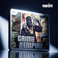 A digital advertisement for '1win' featuring the 'Crime Empire' slot game or similar game with an animated character.