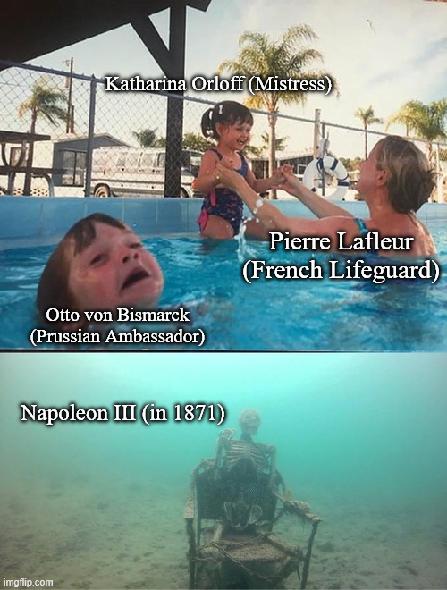 The image is a two-panel meme. The top panel shows three people in a pool labeled "Otto von Bismarck (Prussian Ambassador)," "Katharina Orloff (Mistress)," and "Pierre Lafleur (French Lifeguard)," while the bottom panel shows a skeletal figure sitting on a throne underwater labeled "Napoleon III (in 1871)," referencing the historical Ems Dispatch incident that led to the Franco-Prussian War. The meme humorously parallels the post's crypto promotion by suggesting that taking the promoter's "alpha" advice leads to ruin, much like how the historical figures' scheming resulted in Napoleon III's downfall.
