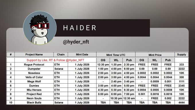 Calendar listing by 'HAIDER' (@hyder_nft) showing upcoming NFT mint schedules with columns for Project Name, Chain, Mint Date, Mint Time, Mint Price (OG/WL/Pub), and Supply for projects like Rogue Protocol, Dumpster, Noseless, Veils of Color, Mega Wolf, Dumies, Miu Heroes, Project Red, Neon Souls, and Black Bullz.