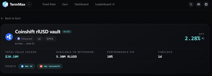 A TermMax DeFi dashboard showing the 'Coinshift rIUSD vault' (RUSD) on Ethereum v2 SPEC with 2.28% APY, $20.10M total value locked, 5.30M rIUSD available to withdraw, 16% performance fee, and 1d timelock.
