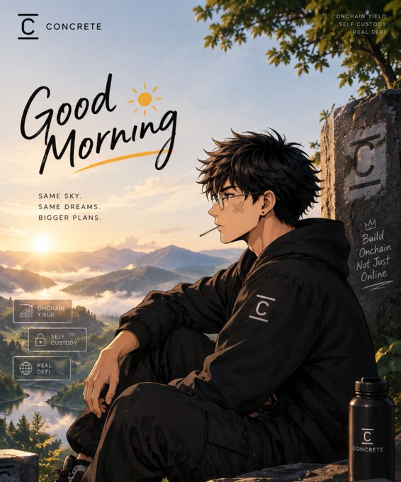 An anime-style advertisement for "CONCRETE" features a black-haired man sitting on a cliff with the slogans "Same Sky, Same Dreams, Bigger Plans" and "Build Onchain Not Just Online."